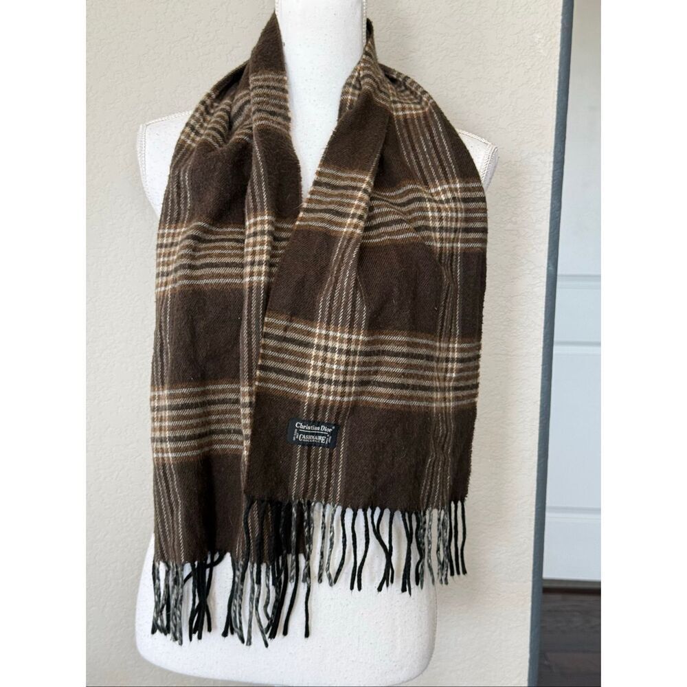 Christian Dior Cashmaire Brown Plaid Fringe Scarf